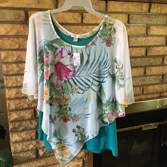 CJ Banks Tops - CJBanks tropical 2piece, tank w/sheer poncho, 3X